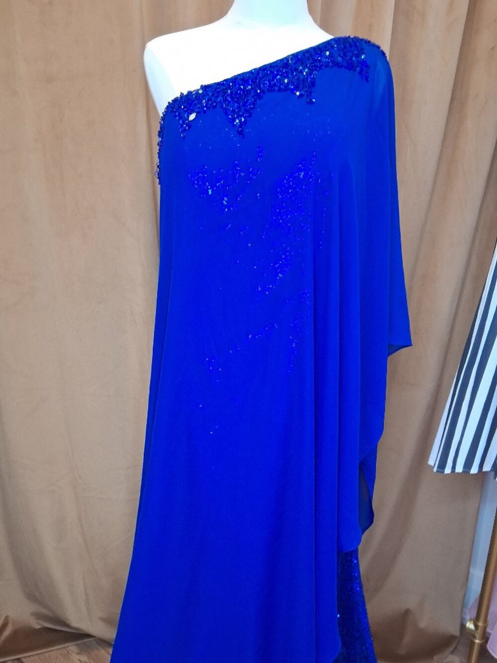 Ada's Bridal Blue One Shoulder Sequins Overdrape Gown Size 10
